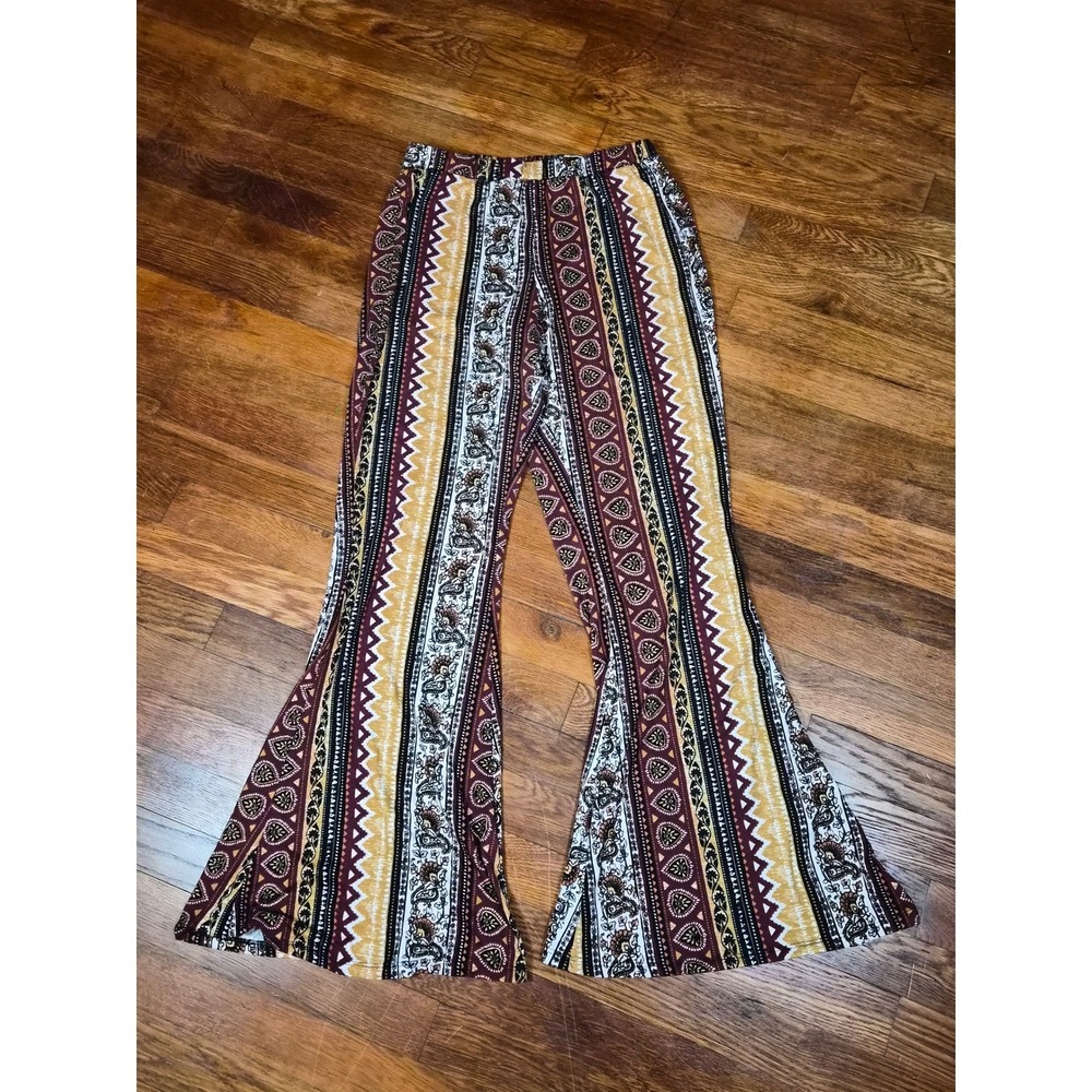 Eye Candy Boho Geometric Paisley Bell Bottom Flare Pants Burgundy Mustard Large